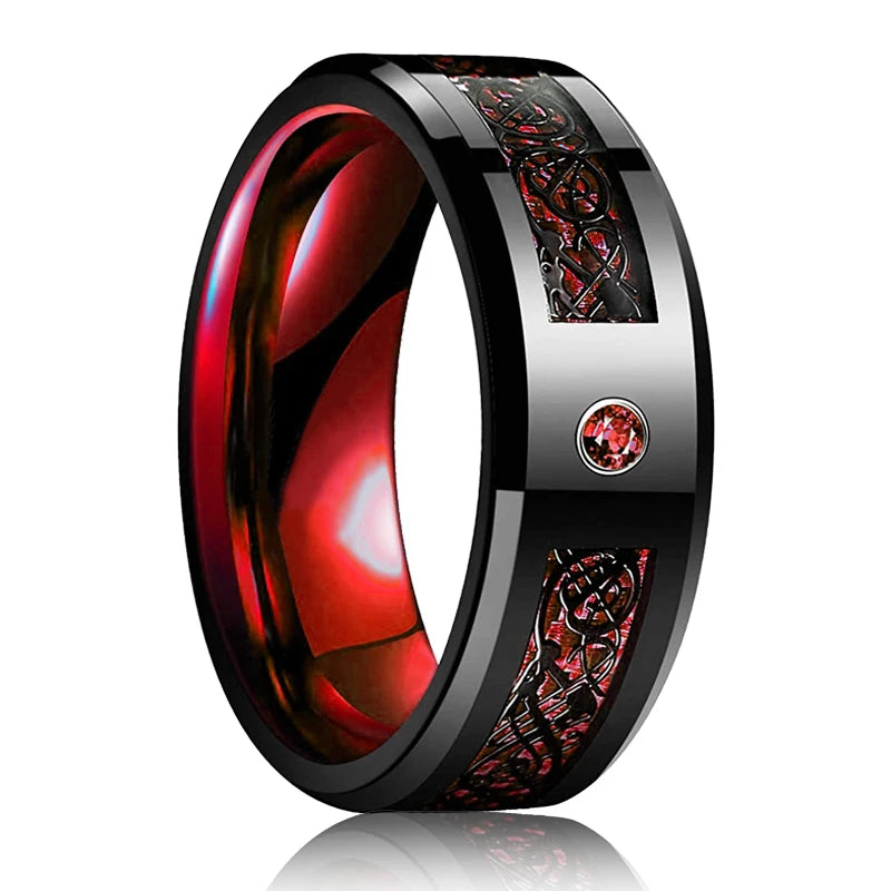 Fashion Black Tungsten Wedding Celtic Dragon Rings For Men Inlaid Green Zircon Punk Men Stainless Steel Green Carbon Fibre Ring