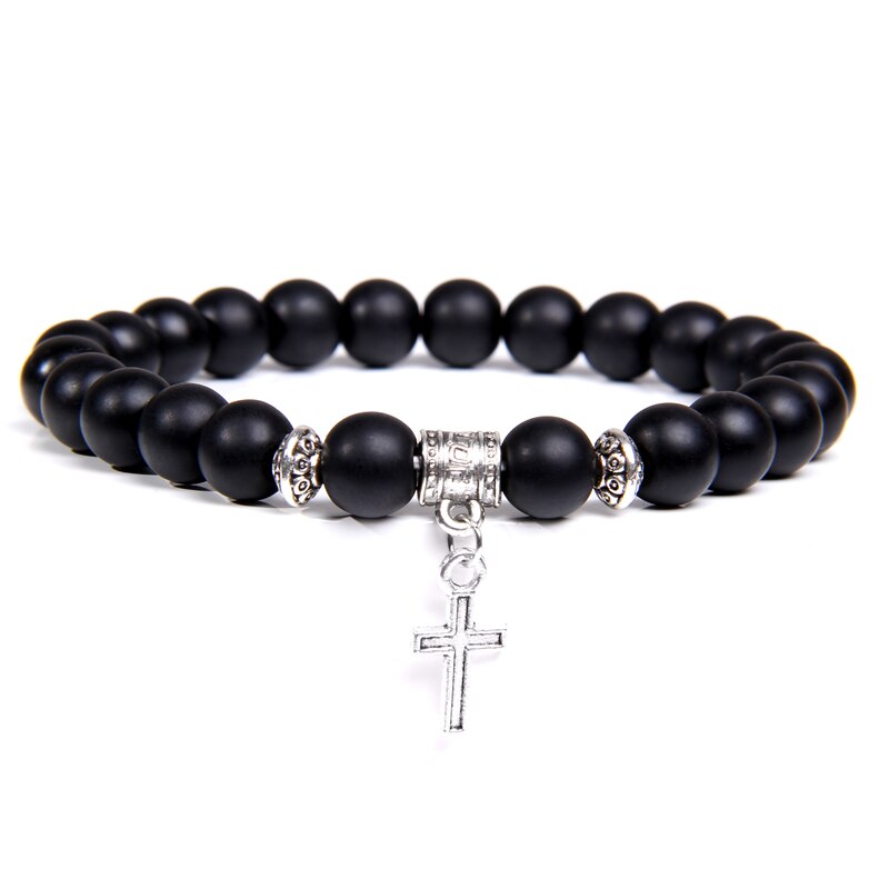 Natural Black Onyx Beads Bracelet Fashion Volcanic Lava Beaded Religion Cross Pendant Charm Bracelet for Women Men Yoga Jewelry Type 1