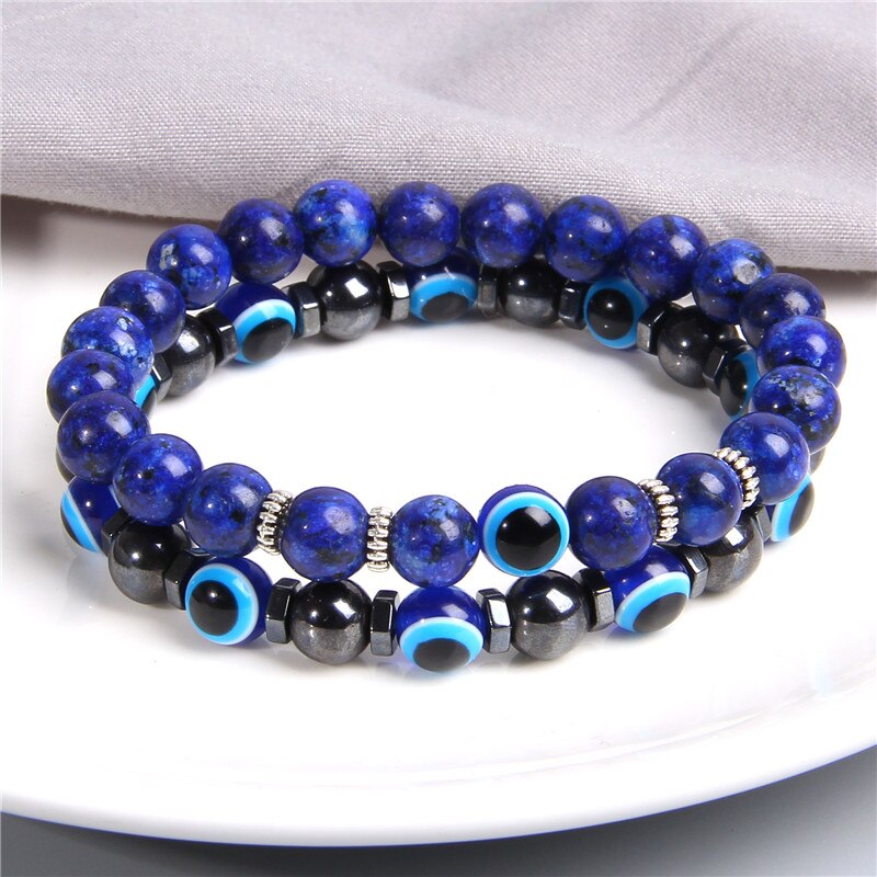 2 Pcs Combined Bracelets For Men Natural Polished Royal Blue Tiger Eye Stone Beads Bracelet For Couples Women Evil Eye Pulsera