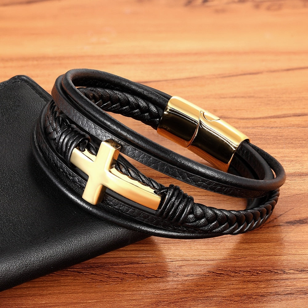 TYO Classic Style Cross Men Bracelet Multi-Layer Stainless Steel Leather Bangles Magnetic Clasp For Friend Fashion Jewelry Gift