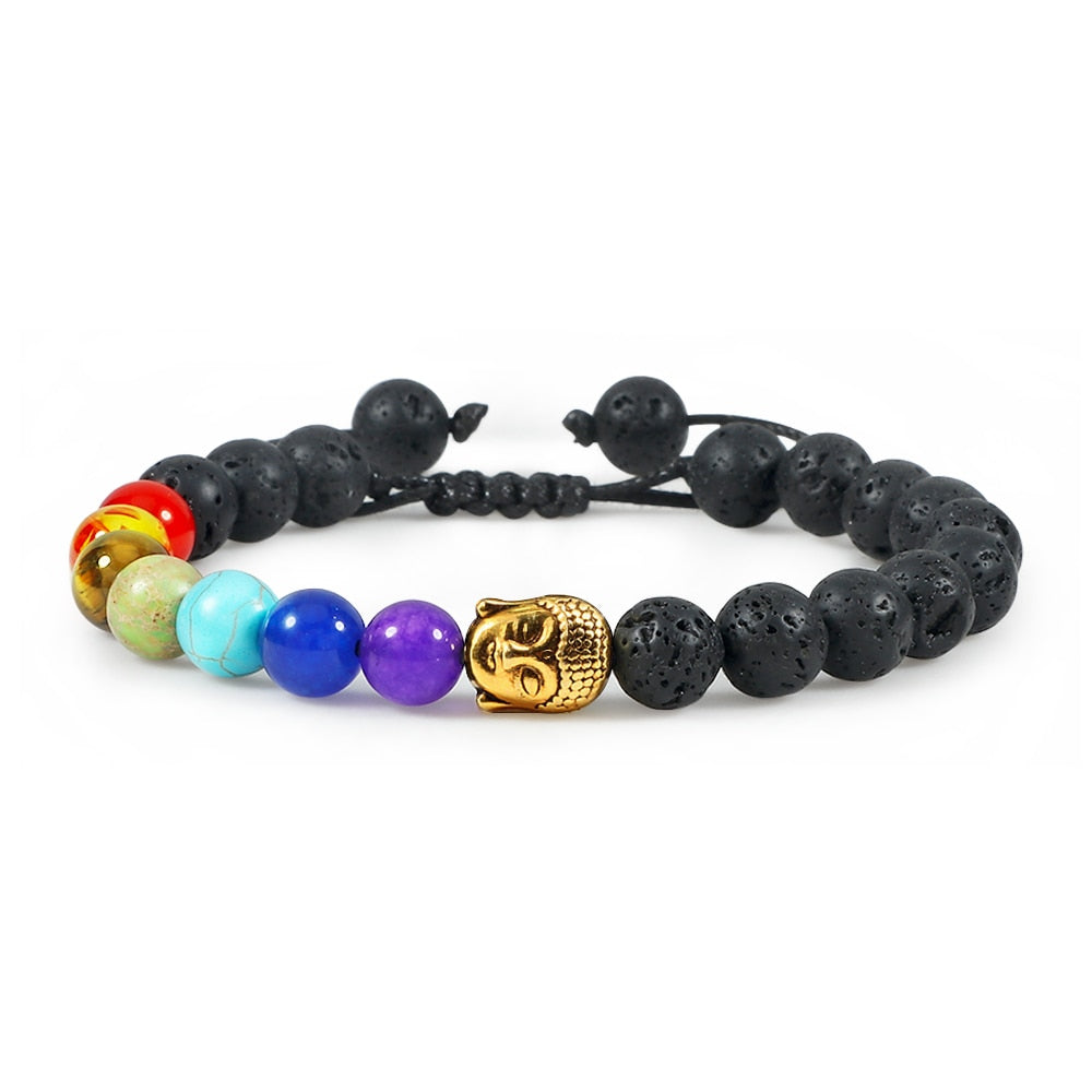 Natural Stone Tiger Eye 7 Chakra Bracelets & Bangles Yoga Balance Beads Buddha Prayer Elastic Bracelet Men pulseira masculina G Buddha Lava
