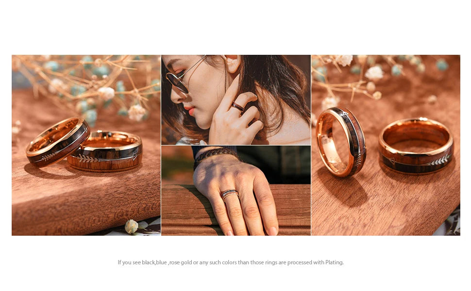 Luxury Mens 8mm Koa Wood Arrow Inlay Titanium Wedding Ring Viking Hunting Stainless Steel Engagement Ring Men Wedding Band Gift