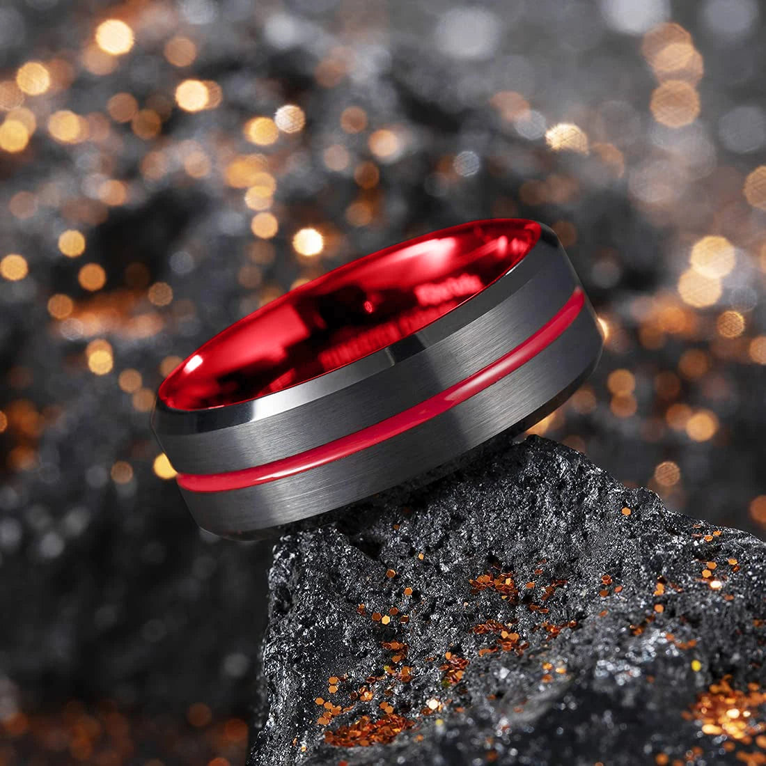 Classic 8mm Men's Red Groove Beveled Edge Black Stainless Steel Men Wedding Rings Black Brushed Male Bridal Engagement Ring