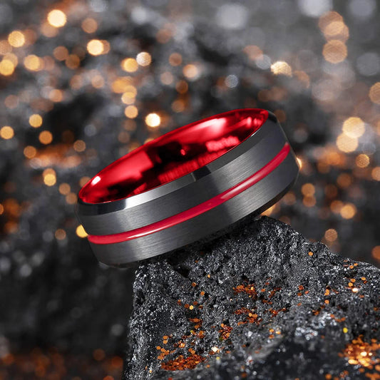 Classic 8mm Men's Red Groove Beveled Edge Black Stainless Steel Men Wedding Rings Black Brushed Male Bridal Engagement Ring