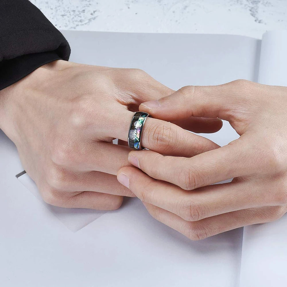 2025 Trendy 8mm Black Titanium Wedding Stainless Steel Rings For Men Inlay Colorful Abalone Shell Ring Men Wedding Band Jewelry