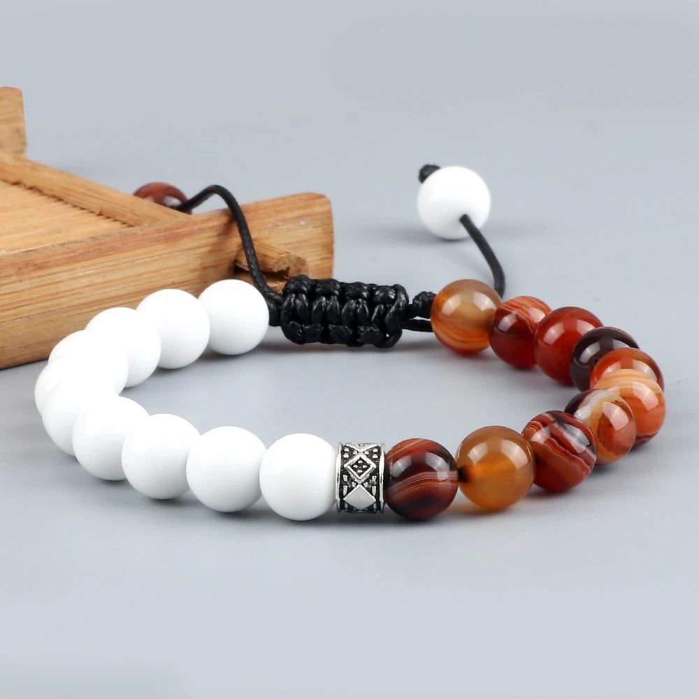 Fashion Black White Beaded Bracelets For Men 8mm Natural White Howlite Stone Beads Bracelet Women Meditation Prayer Jewelry Gift