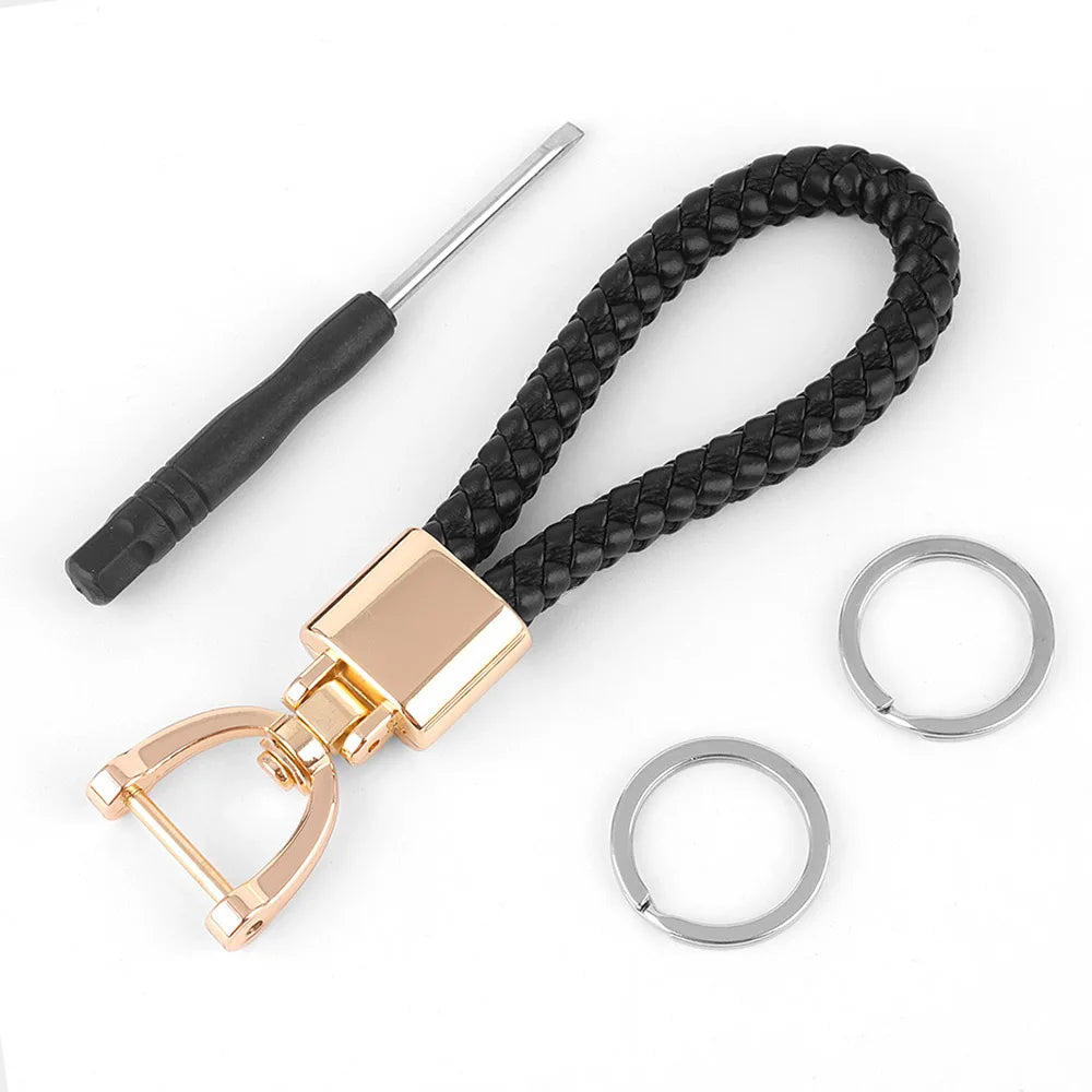 High-Grade Keychain for Men Women Rotatable Key Chain Luxury Hand Woven Leather Horseshoe Buckle Car Key Ring Holder Accessories Black-G