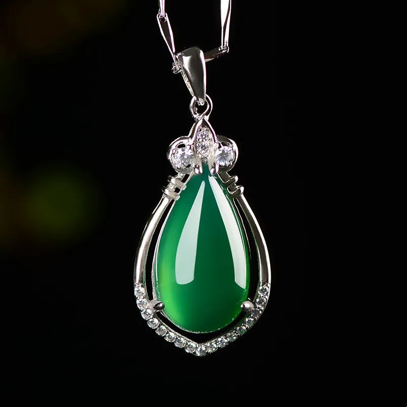 Hot selling natural hand-carved green calcedony inlaid with water droplets Necklace pendant fashion Jewelry Men Women LuckGifts