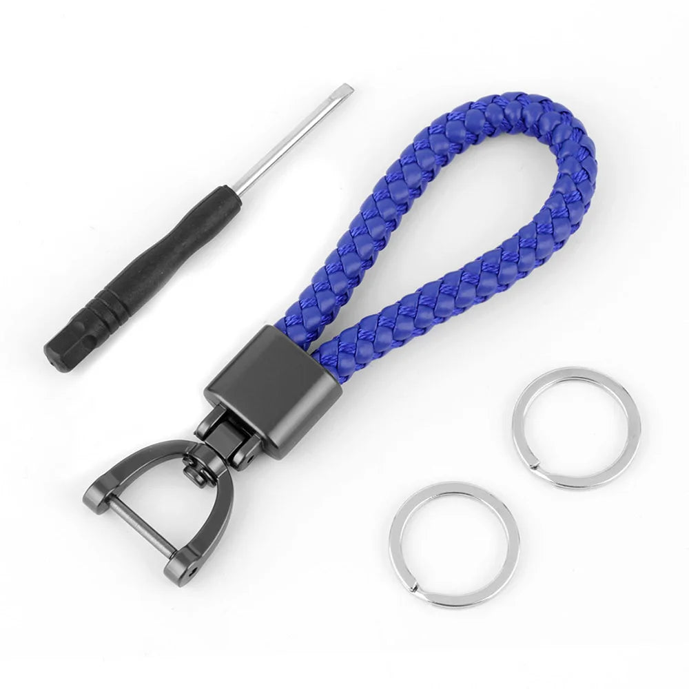 High-Grade Keychain for Men Women Rotatable Key Chain Luxury Hand Woven Leather Horseshoe Buckle Car Key Ring Holder Accessories Blue