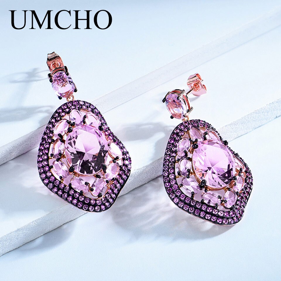 UMCHO Created Nano Pink Morganite Drop Earrings Luxury Genuine 925 Sterling Silver Earrings For Women Anniversary Gift Jewelry