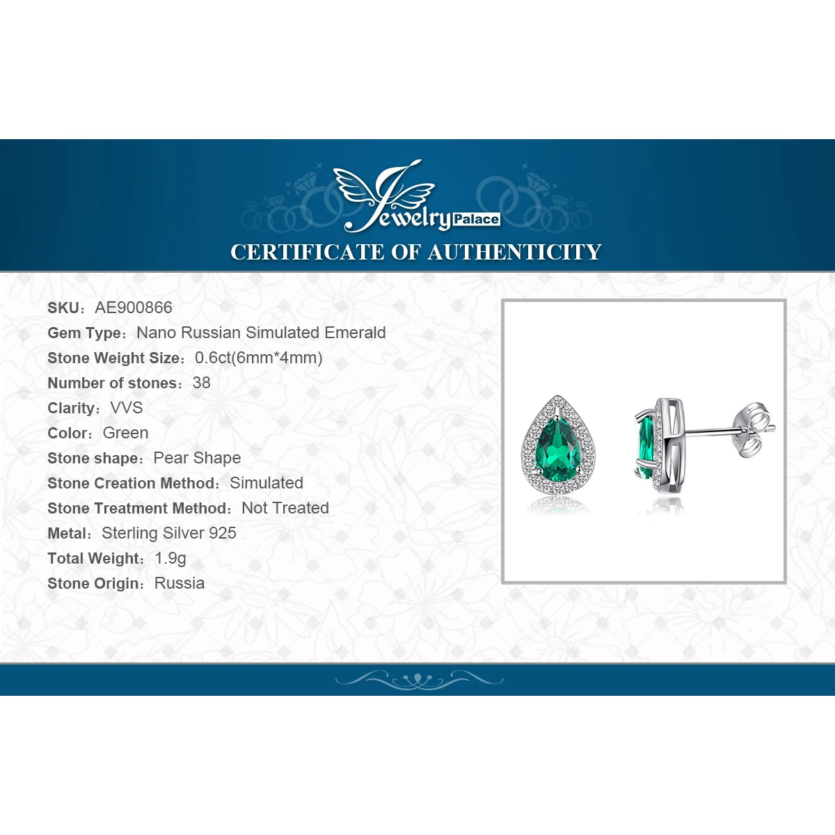 JewelryPalace Pear Green Simulated Nano Emerald 925 Sterling Silver Stud Earrings for Women Gemstones Statement Earrings Jewelry