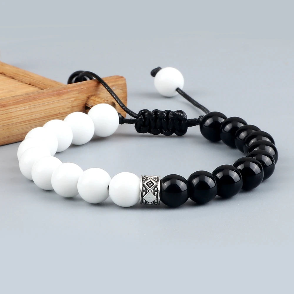 Fashion Black White Beaded Bracelets For Men 8mm Natural White Howlite Stone Beads Bracelet Women Meditation Prayer Jewelry Gift