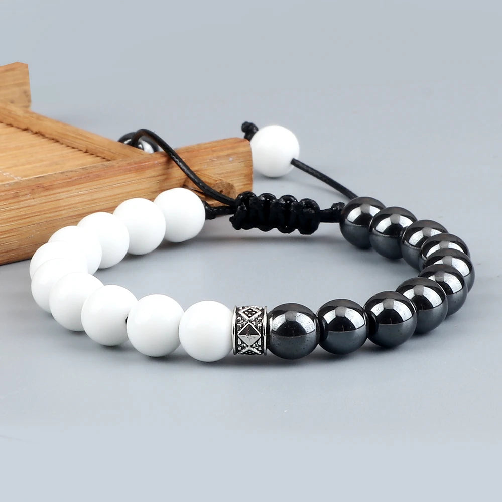 Fashion Black White Beaded Bracelets For Men 8mm Natural White Howlite Stone Beads Bracelet Women Meditation Prayer Jewelry Gift