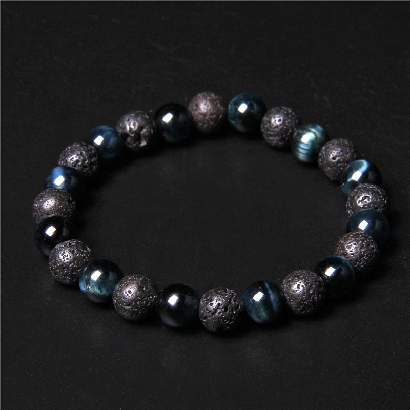 Newst Men Bracelet Black Lava Healing Balance Beads Reiki Buddha Prayer Natural Tiger Eye Stone Bracelet for Women Men Jewelry Blue