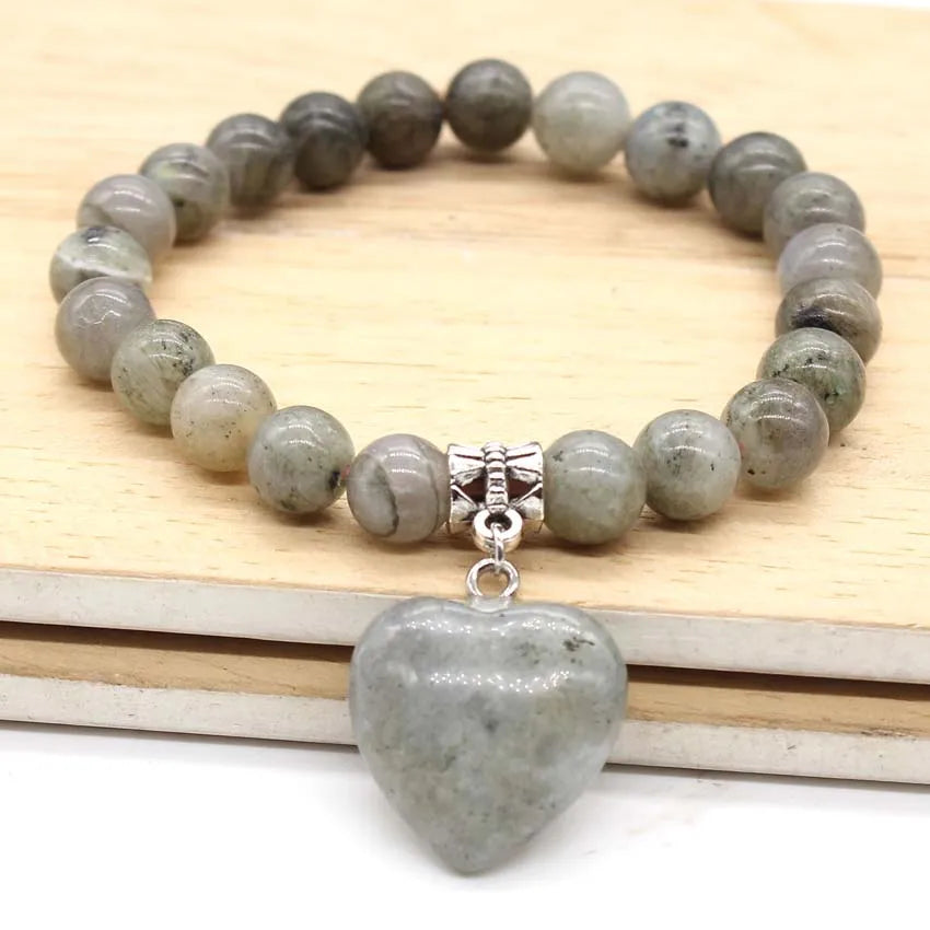 KFT Natural Round Loose Beads Stone Dangle Heart Bracelet Healing Crystal Quartz Reiki Stone Bracelets Jewelry for Women Men