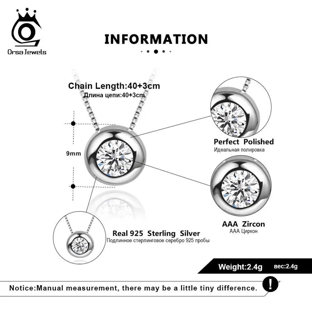 ORSA JEWELS Real 925 Silver Woman Round Pendants Necklaces Sterling Silver AAAA CZ Clavicle Chain Necklace Female Jewelry SN136