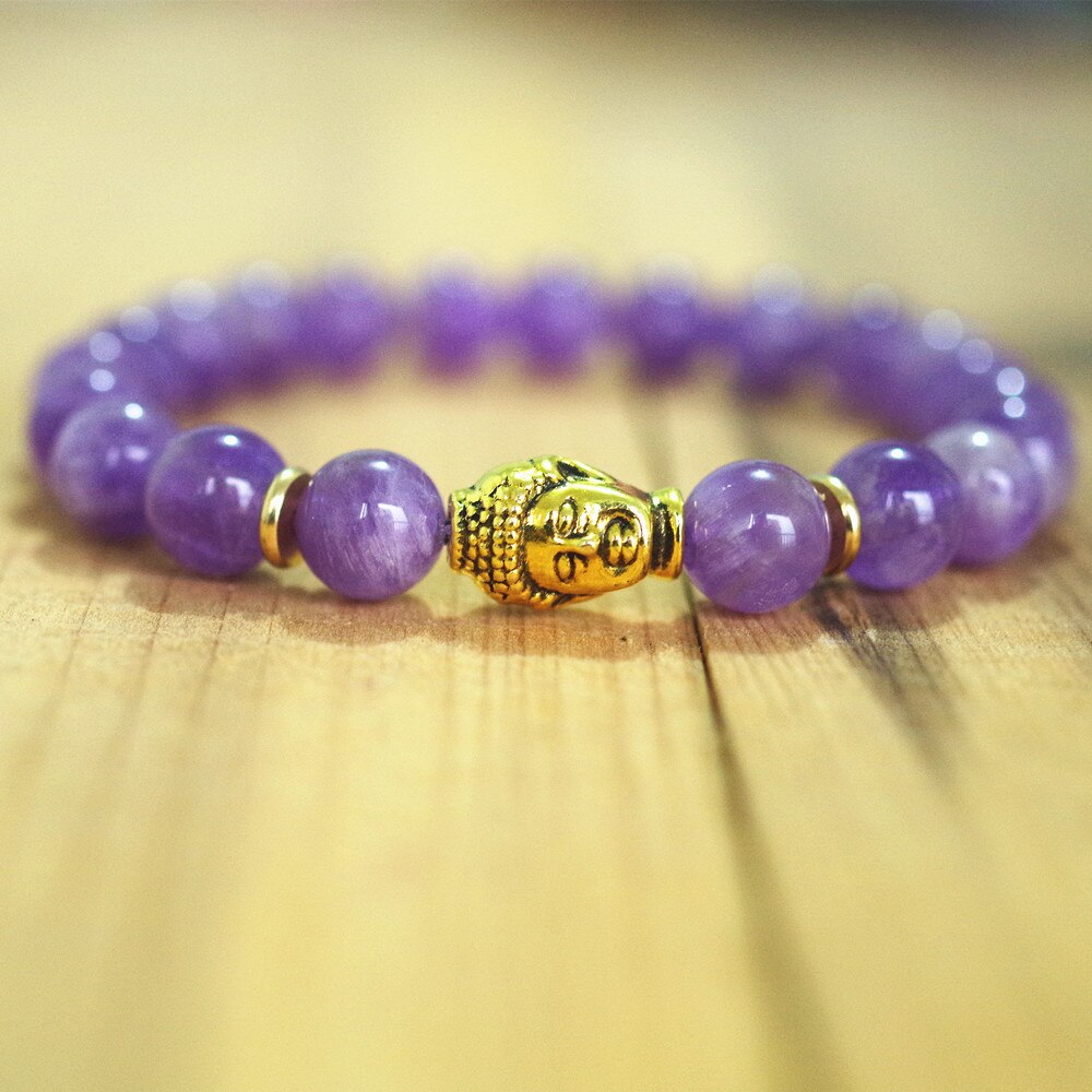 Women Men Beaded Strand Bracelet Natural Stone Handmade Jewelry Buddha Head Chakra Mala Bracelet Purple