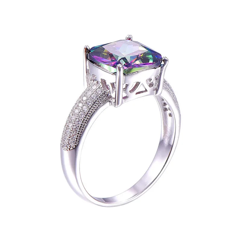 BONLAVIE Luxury 7.3ct Rainbow Fire Mystic Topazs Ring With AAA Crystal S925 Sterling Silver Jewelry Charm For Women Gift