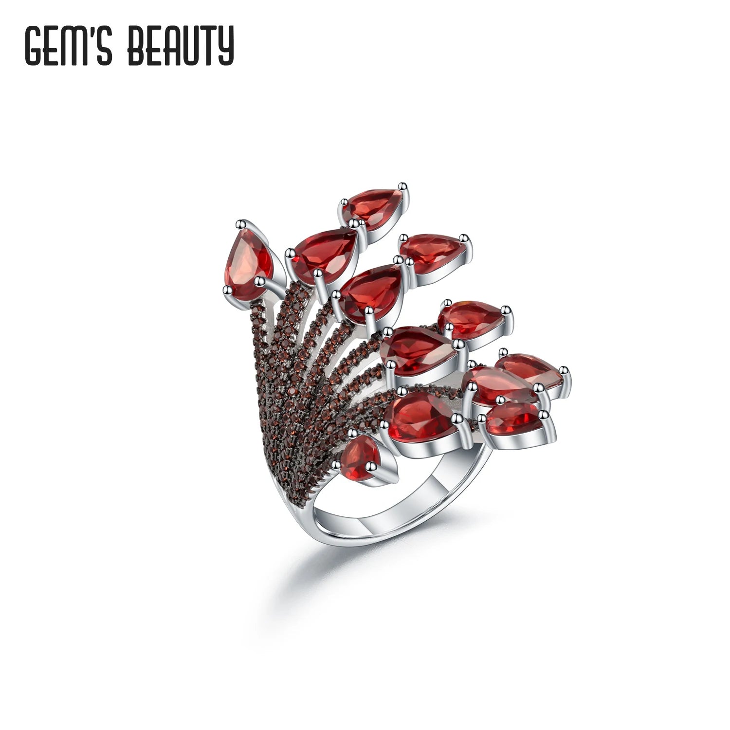 GEM'S BEAUTY 925 Sterling Silver Natural Pear Cut Garnet Jewelry Rings For Women Hand Bone Coral Handmade Adjustable Open Rings