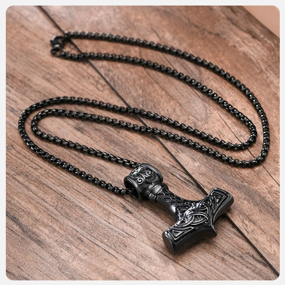Vnox Vintage Men Norse Viking Necklaces,Rock Punk Retro Thor Mjolnir Hammer Pendant,Scandinavian Nodic Amulet Rune Neck Jewelry