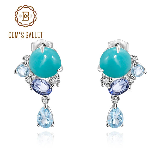 GEM'S BALLET 925 Sterling Silver Handmade Statement Earrings Natural Amazonyte Blue Topaz Gemstone Drop Earrings For Women CHINA
