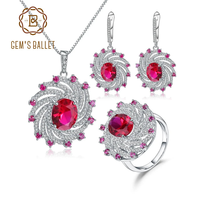 GEM'S BALLET Luxury Lab Created Ruby Vintage Jewelry Set 925 Sterling Silver Ring Earrings Pendant Sets For Women Fine Jewelry CHINA 45cm