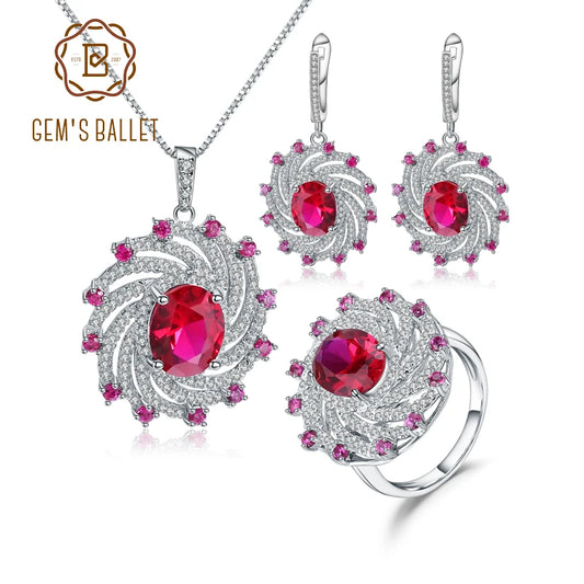 GEM'S BALLET Luxury Lab Created Ruby Vintage Jewelry Set 925 Sterling Silver Ring Earrings Pendant Sets For Women Fine Jewelry CHINA 45cm