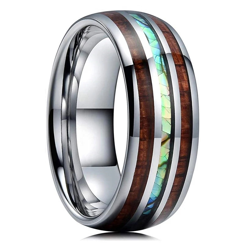 8mm Men's Rose Gold Color Stainless Steel Rings Hawaiian Koa Wood And Abalone Shell Opal Inlay Ring Men's Wedding Band Jewelry