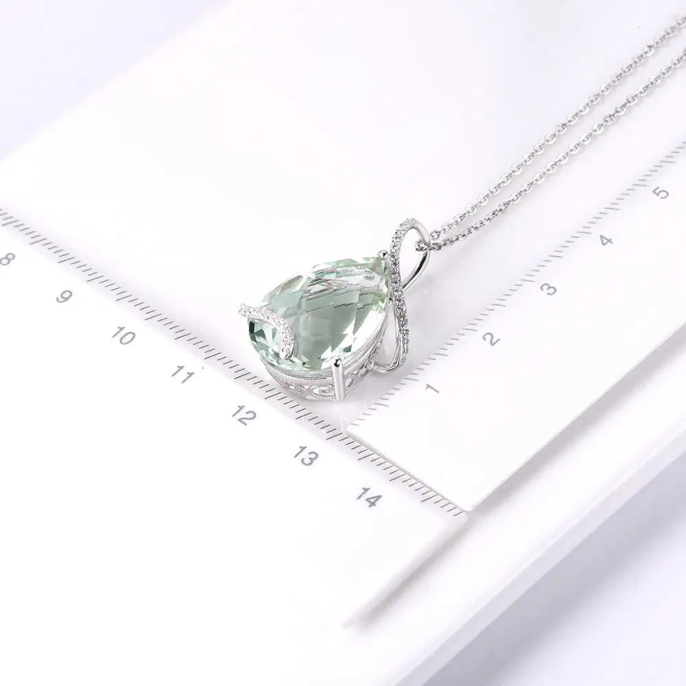 Hutang 15.1ct Green Amethyst Prasiolite 925 Silver Pendant for Women Natural Big Gemstone Sterling Silver Chain Fine Jewelry