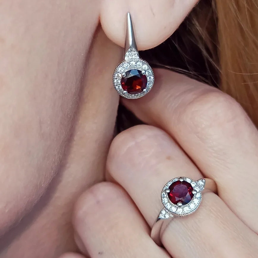 GEM'S BALLET 3.15Ct Natural Red Garnet Earrings Ring Set 925 Sterling Silver Gemstone Classic Jewelry Set For Women Fine Jewelry