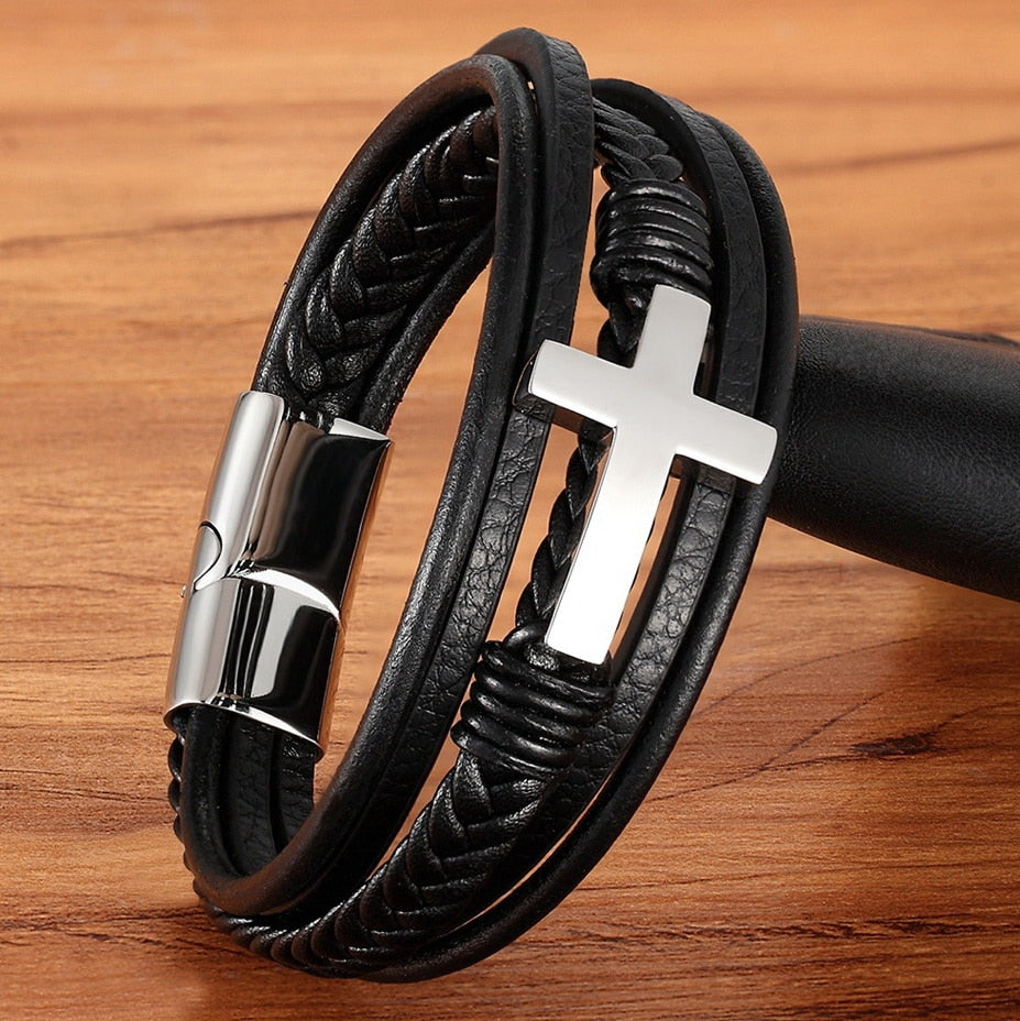 TYO Classic Style Cross Men Bracelet Multi-Layer Stainless Steel Leather Bangles Magnetic Clasp For Friend Fashion Jewelry Gift