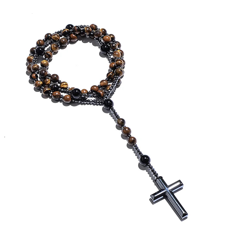 Natural Yellow Tiger Eyes Black Agate Beaded Catholic Christ Cross Pendant Necklace Men and Women Rosary Meditation Jewelry