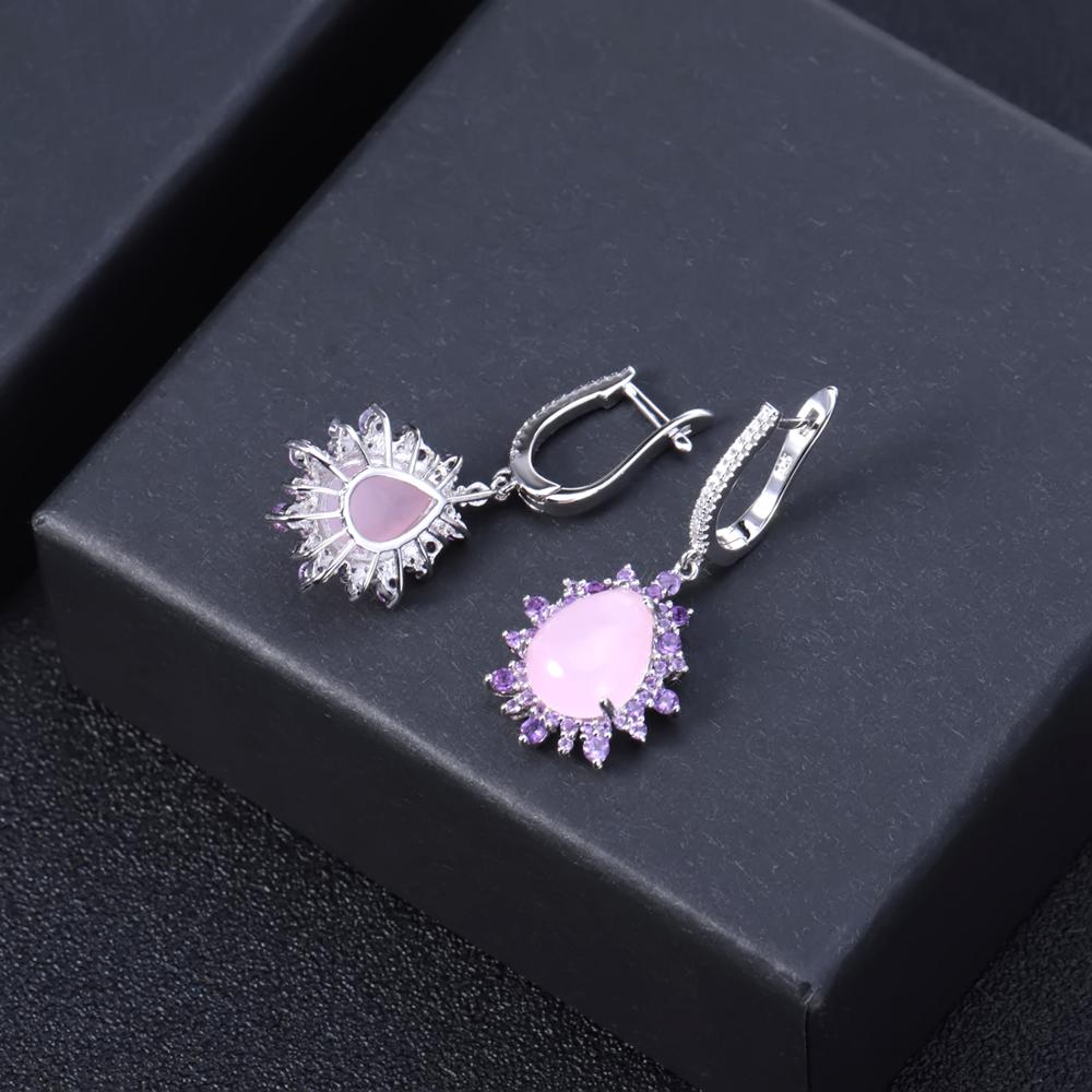 GEM&#39;S BALLET925 Sterling Silver Ring Earrings Pendant Sets Natural Pink Calcedony Vintage Jewelry Set For Women Fine Jewelry