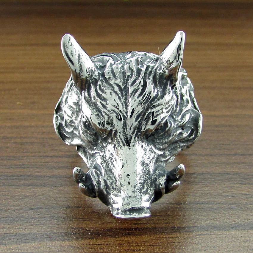 Punk Silver Color 316L Stainless Steel  Men's Wild Boar Head Ring Animal Jewelry For Gift