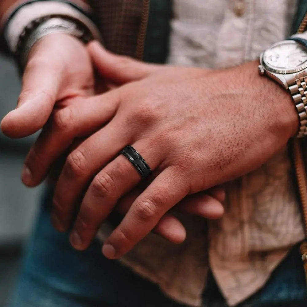 Classic Men's 8mm Black Tungsten Wedding Rings Double Groove Beveled Edge Brick Pattern Brushed Stainless Steel Rings For Men