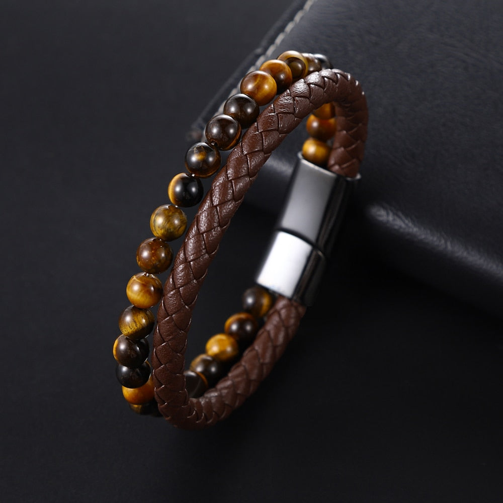 Men Yellow Tiger Eye Bracelet Many Styles Stainless Steel Magnetic Clasp Brown Genuine Leather Wrist Jewelry Handsome Boy Gifts