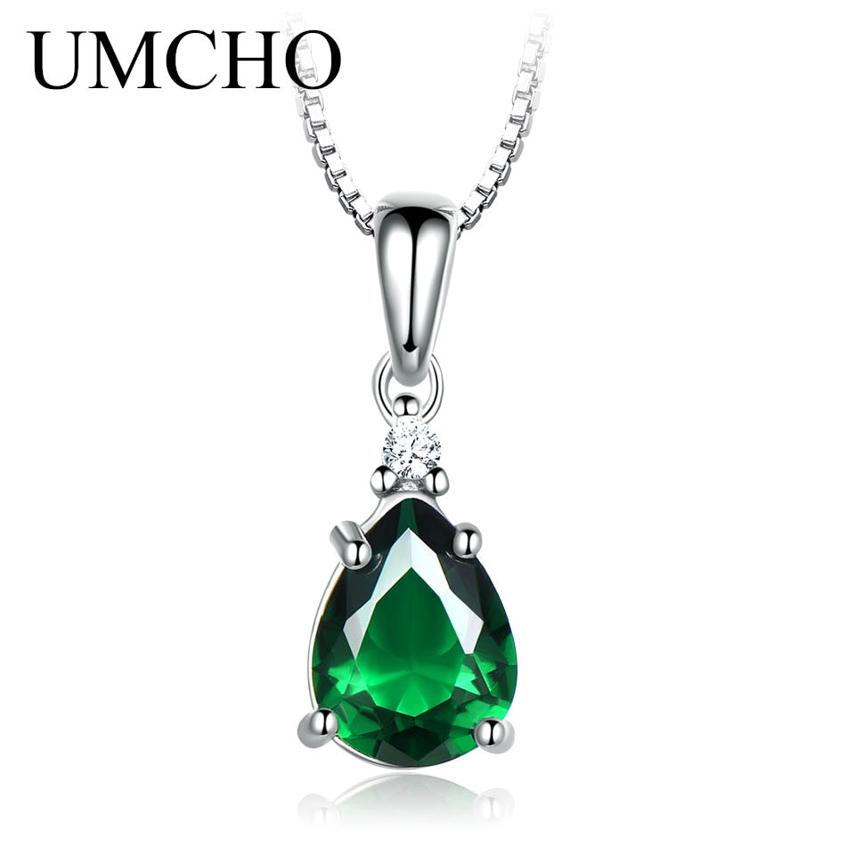 UMCHO Solid 925 Sterling Silver Pendant Necklace for Women Water Drop Nano Topaz Zircon Chain Anniversary Necklace With Chain Emerald Link Chain