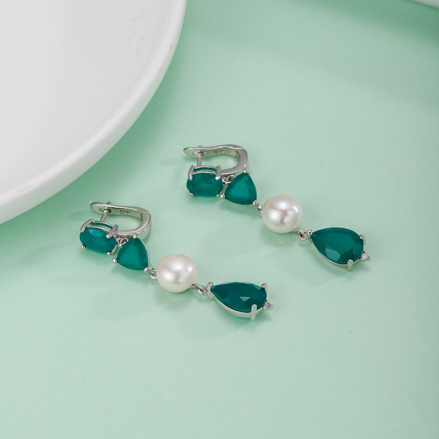 GEM'S BEAUTY 925 Sterling Silver Vintage Jewellery Stud Earrings For Women Natural Green Agate Fresh-water Pearl Stud Earrings