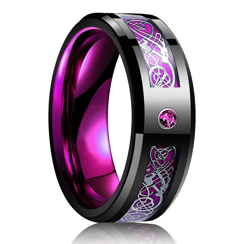 Fashion Black Tungsten Wedding Celtic Dragon Rings For Men Inlaid Green Zircon Punk Men Stainless Steel Green Carbon Fibre Ring
