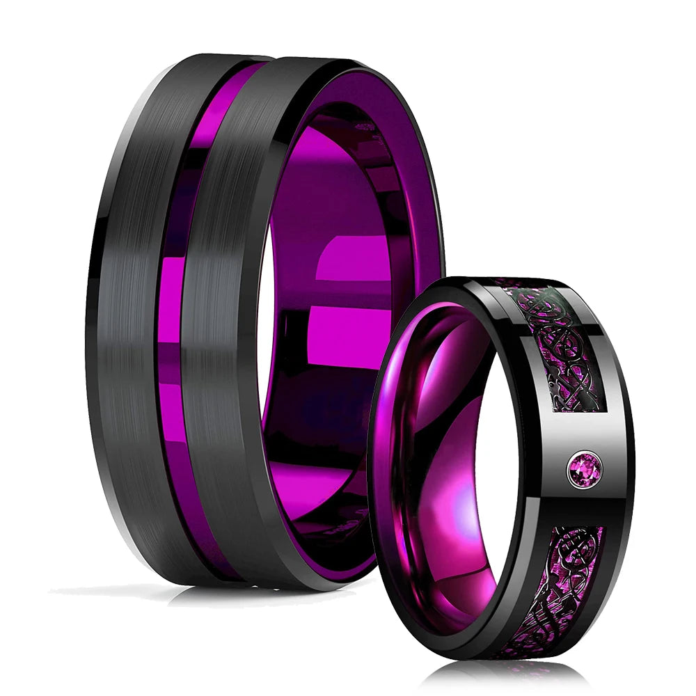 Fashion 8mm Black Tungsten Wedding Celtic Dragon Rings Inlaid Green Zircon Ring for Men Stainless Steel Purple Carbon Fibre Ring