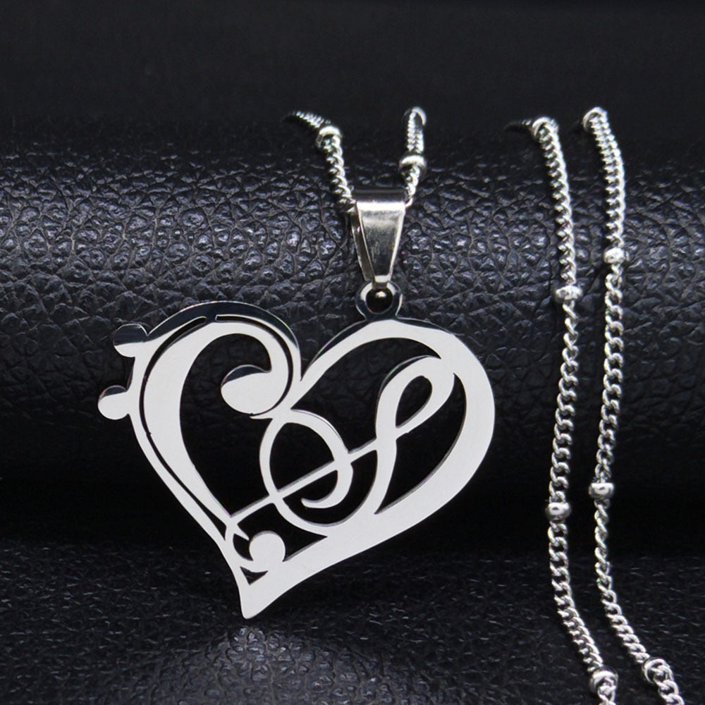 Fashion Music Note Heart of Treble and Bass Clef Stainless Steel Necklace Women/Men Gold Color Necklaces Jewelry colgantes N1147 Note 50cm JZP SR