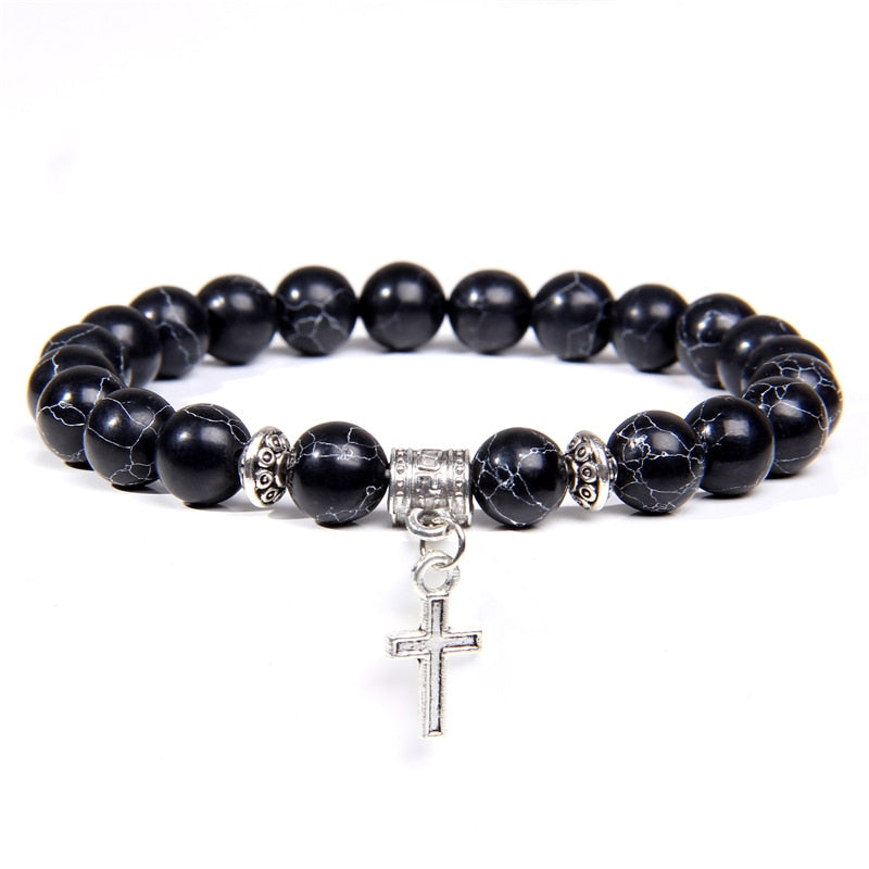 Natural Black Onyx Beads Bracelet Fashion Volcanic Lava Beaded Religion Cross Pendant Charm Bracelet for Women Men Yoga Jewelry Type 6