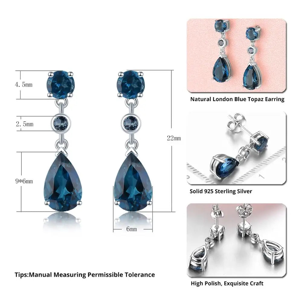 Natural Blue Topaz Solid Silver Earring for Women 4 Carats Dark Blue Topaz Pear Cut Women Elegant Classic Jewelry New Year Gift