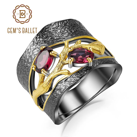 GEM'S BALLET 925 Sterling Silver Original Handmade Branch Rings Natural Rhodolite Garnet Gemstones Ring for Women Fine Jewelry CHINA
