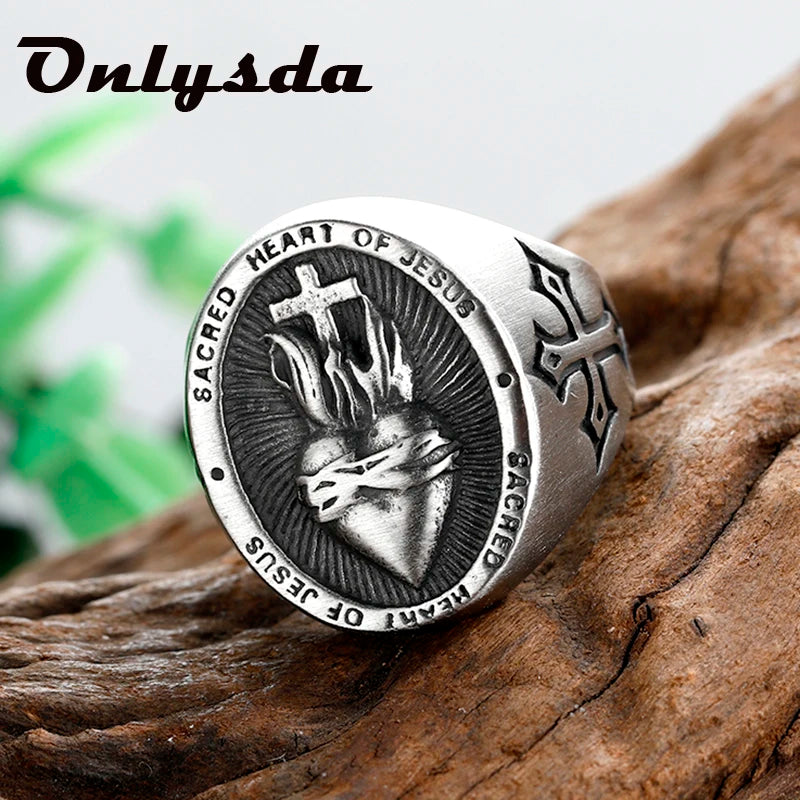 Vintage Dropshipping Stainless Steel Ladies Mens Biker Punk Sacred Heart Of Jesus God Ring Cross Amulet Jewelry For Man Gift