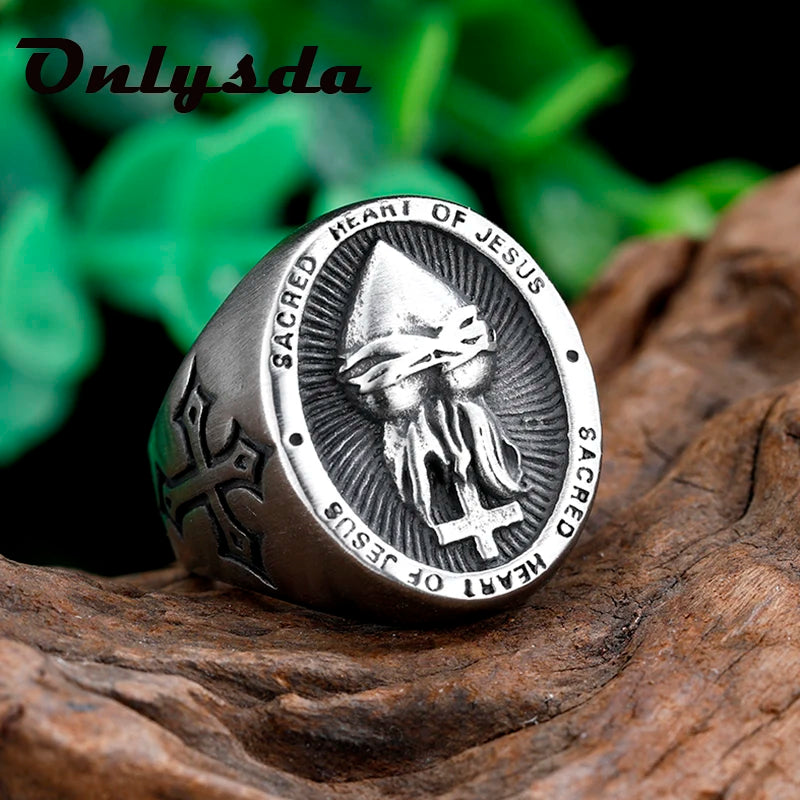 Vintage Dropshipping Stainless Steel Ladies Mens Biker Punk Sacred Heart Of Jesus God Ring Cross Amulet Jewelry For Man Gift