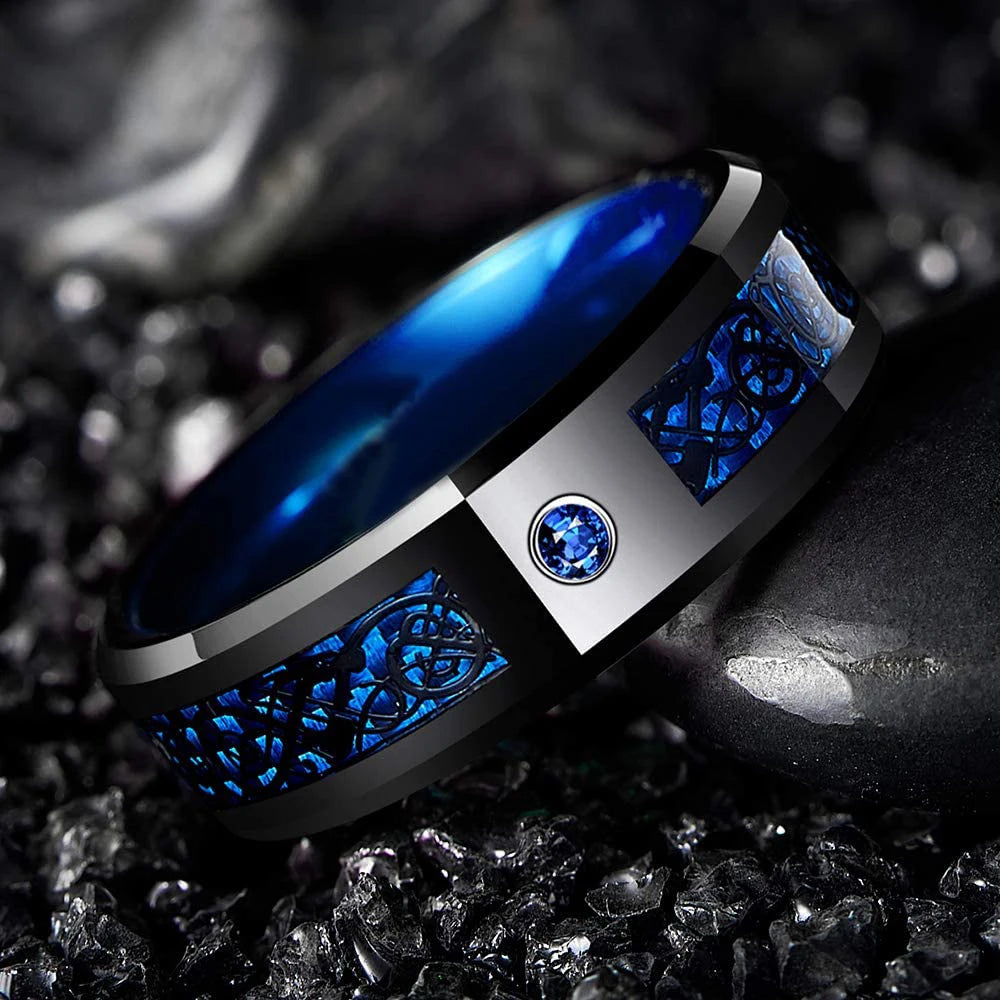 Fashion Men's 8mm Black Titanium Stainless Steel Celtic Dragon Rings Inlaid Blue Zircon Carbon Fibre Ring For Men Wedding Bands