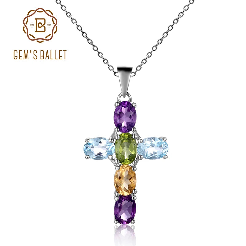 GEM'S BALLET 925 Sterling Silver Cross Necklace For Women Natural Amethyst Topaz Gemstone Pendant Necklace Fine Jewelry 2021 NEW