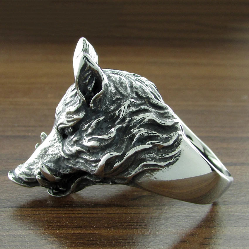 Punk Silver Color 316L Stainless Steel  Men's Wild Boar Head Ring Animal Jewelry For Gift