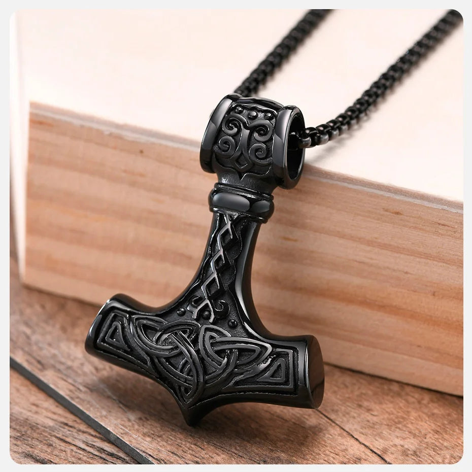 Vnox Vintage Men Norse Viking Necklaces,Rock Punk Retro Thor Mjolnir Hammer Pendant,Scandinavian Nodic Amulet Rune Neck Jewelry